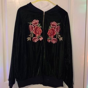 Green velvet embroidered zip up jacket